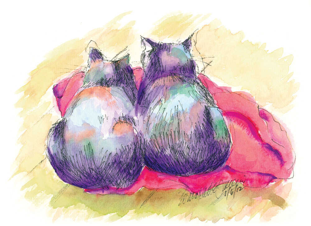 ink and watercolor sketch of two cats