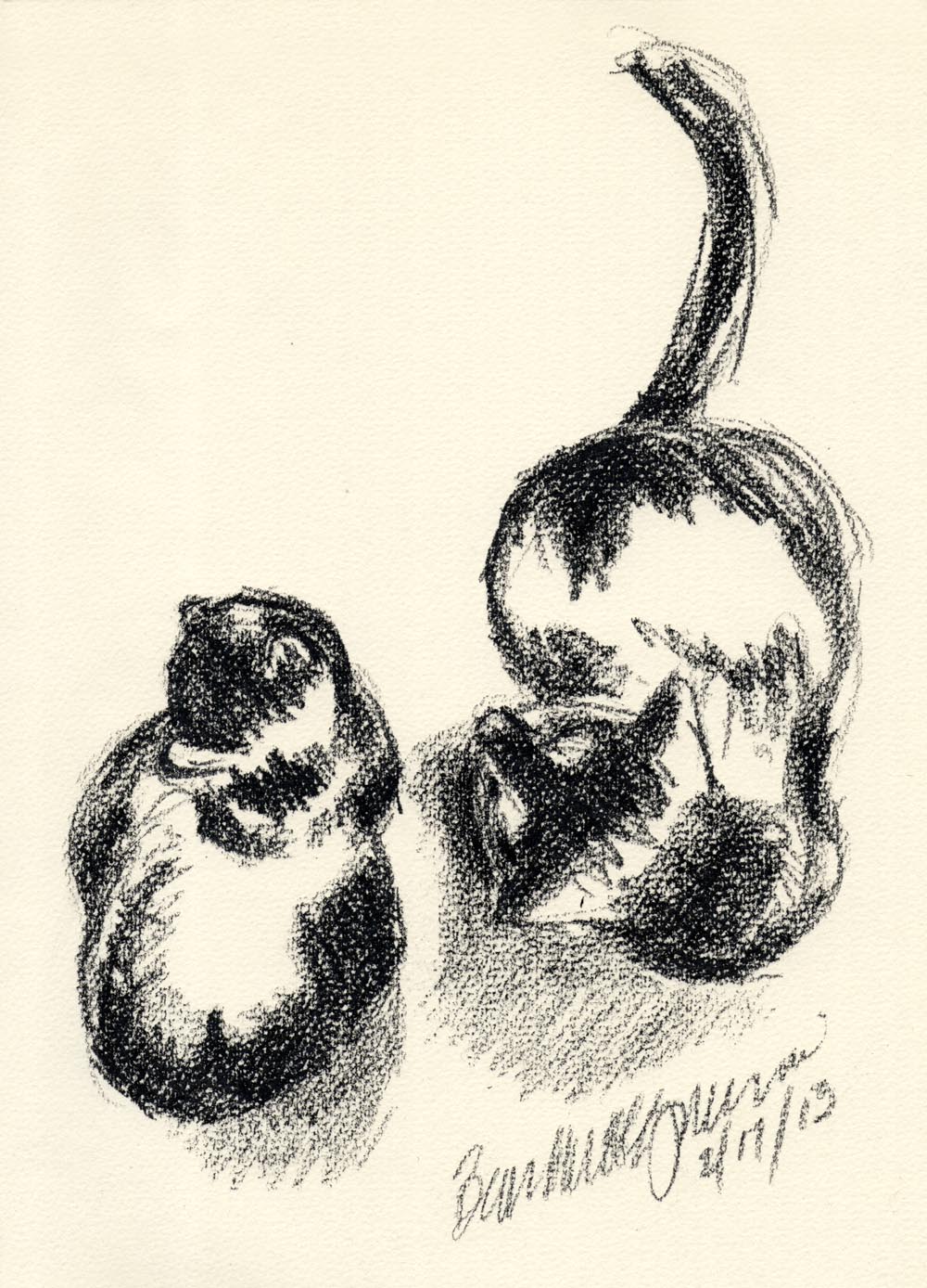 charcoal sketch of two cats on cream colored paper