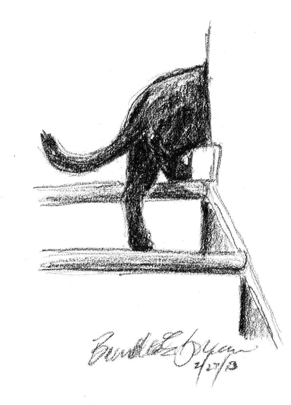 charcoal sketch of cat going up steps