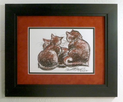 framed conte and charcoal sketch of cats