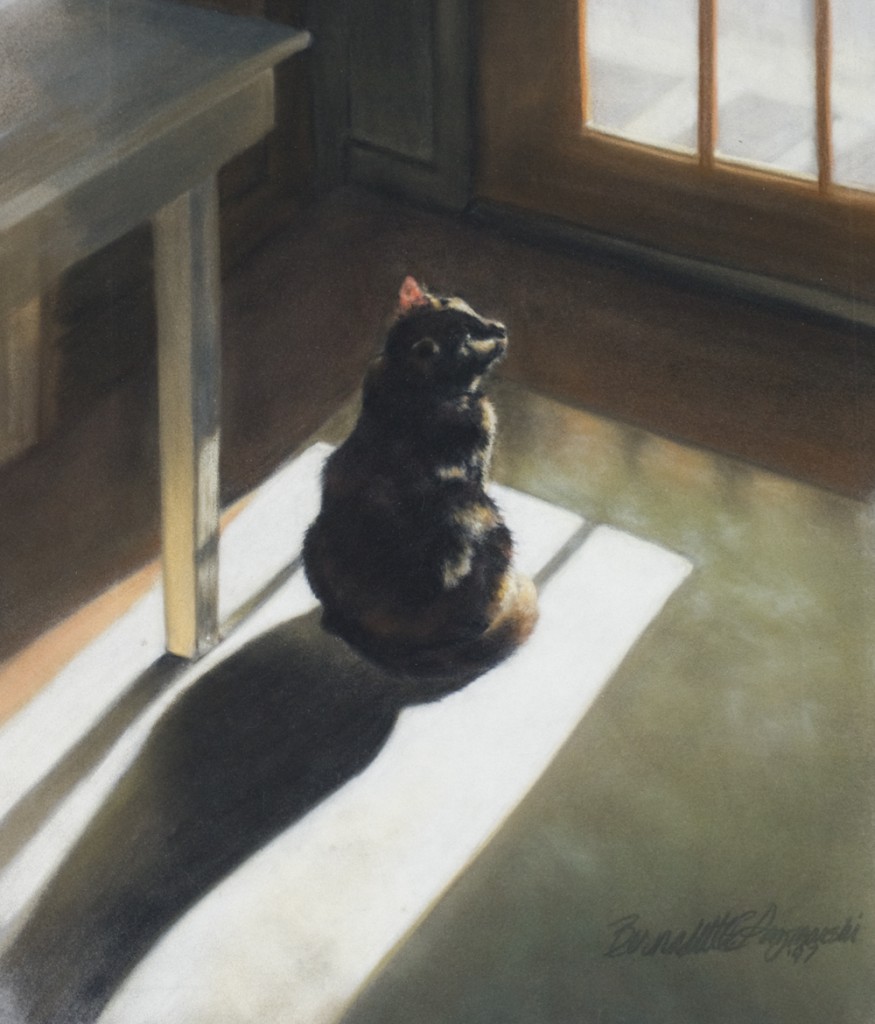 pastel painting of cat looking out door