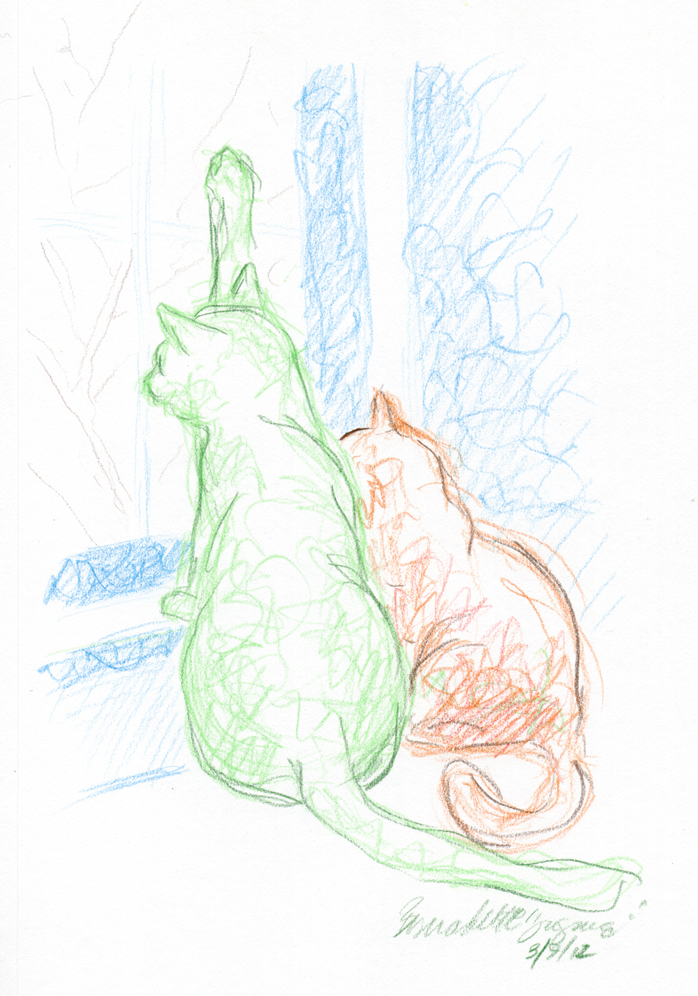colore pencil drawing of two cats