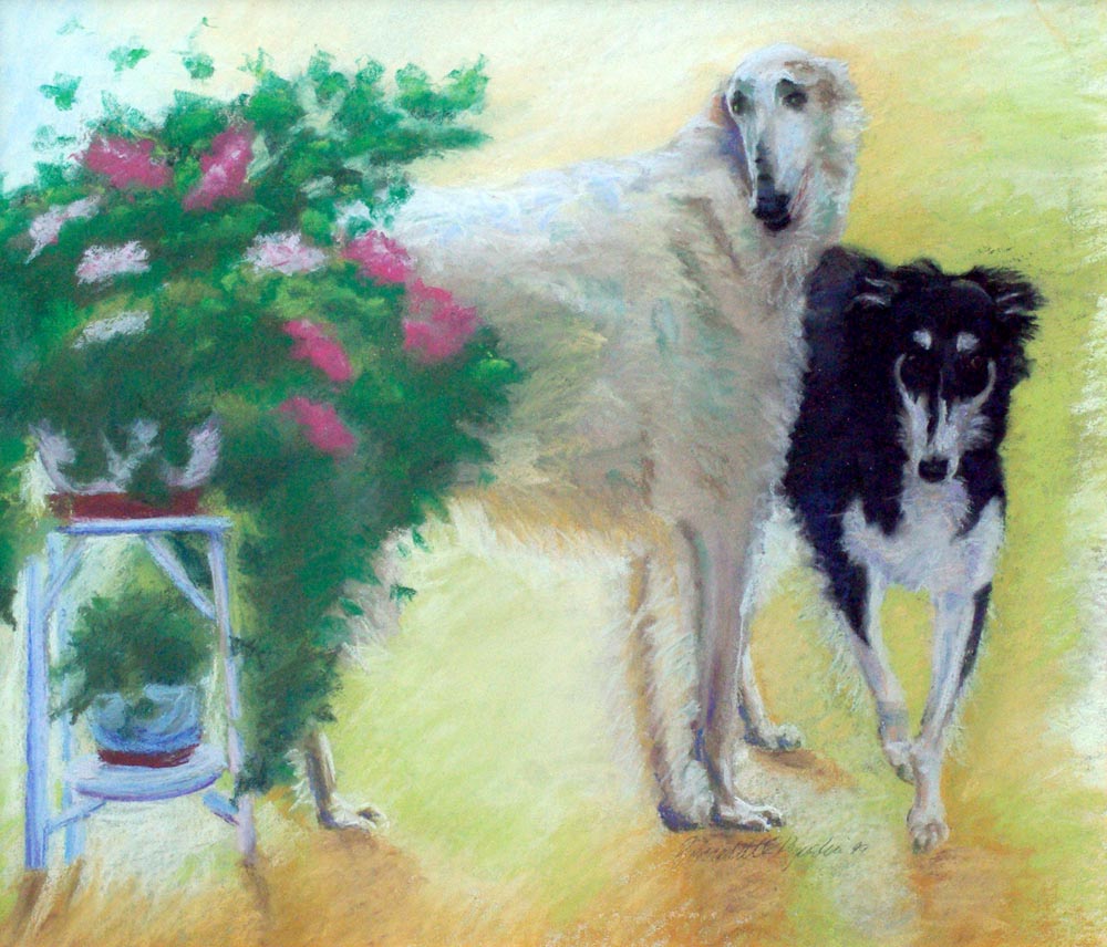 pastel portrait of two borzois