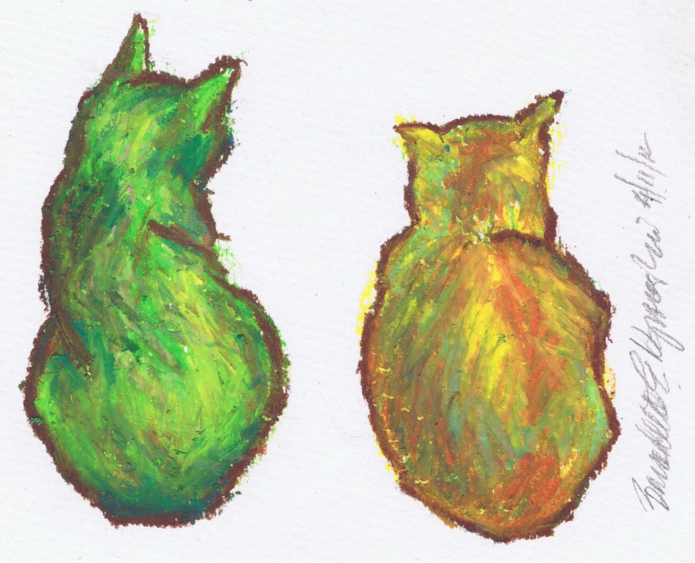 oil pastel drawing of two cats