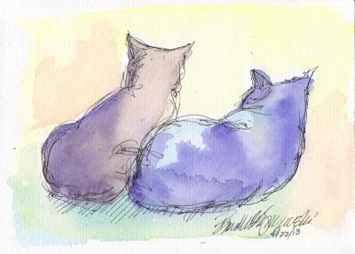 watercolor and ink sketch of two cats.