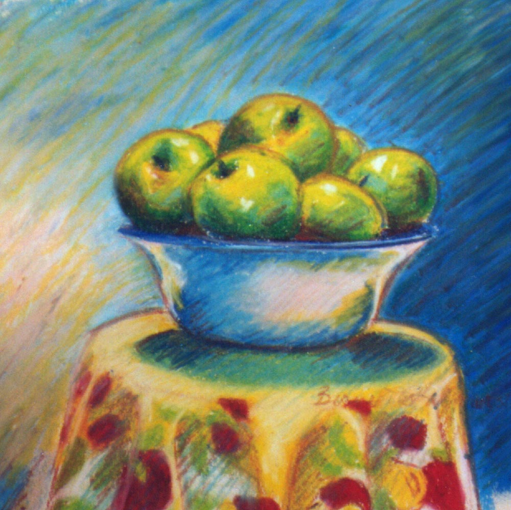 oil pastel of apples in bowl