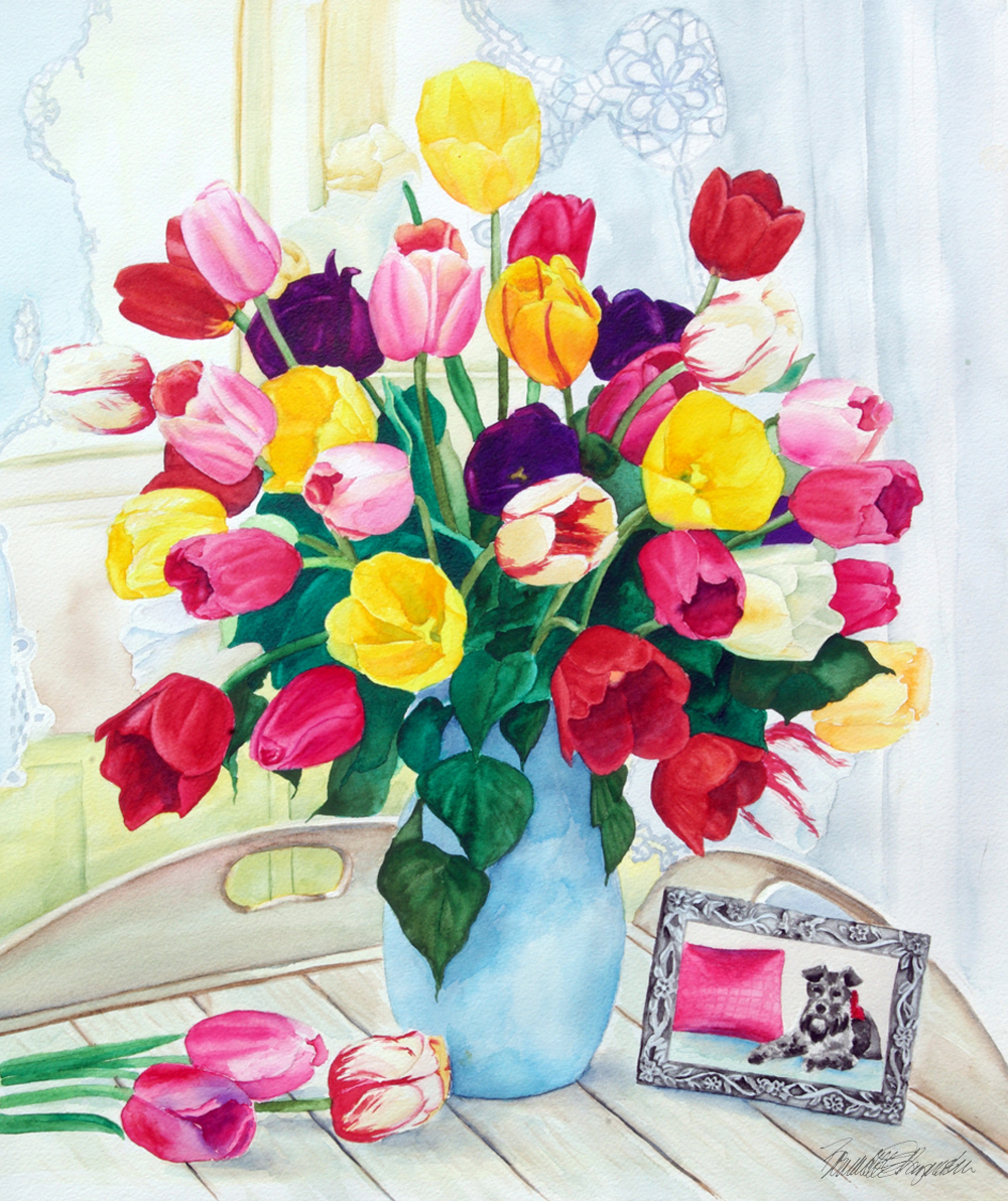 watercolor painting of tulips and dog