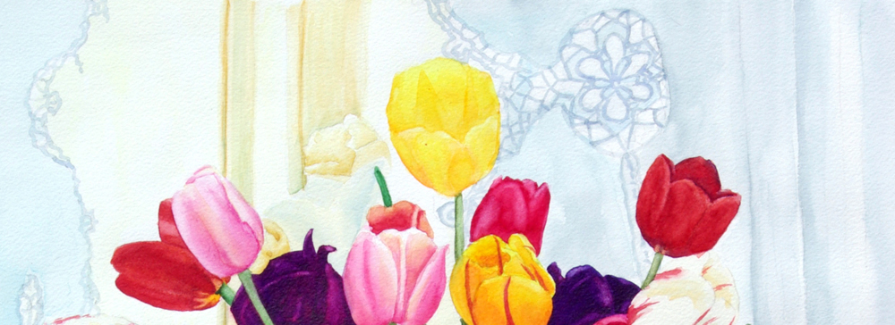 detail of painting of tulips and dog