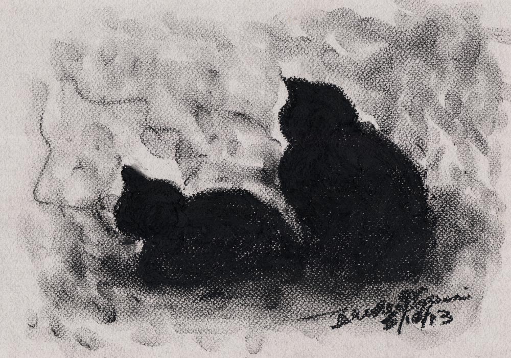 pastel sketch of two cats looking out window