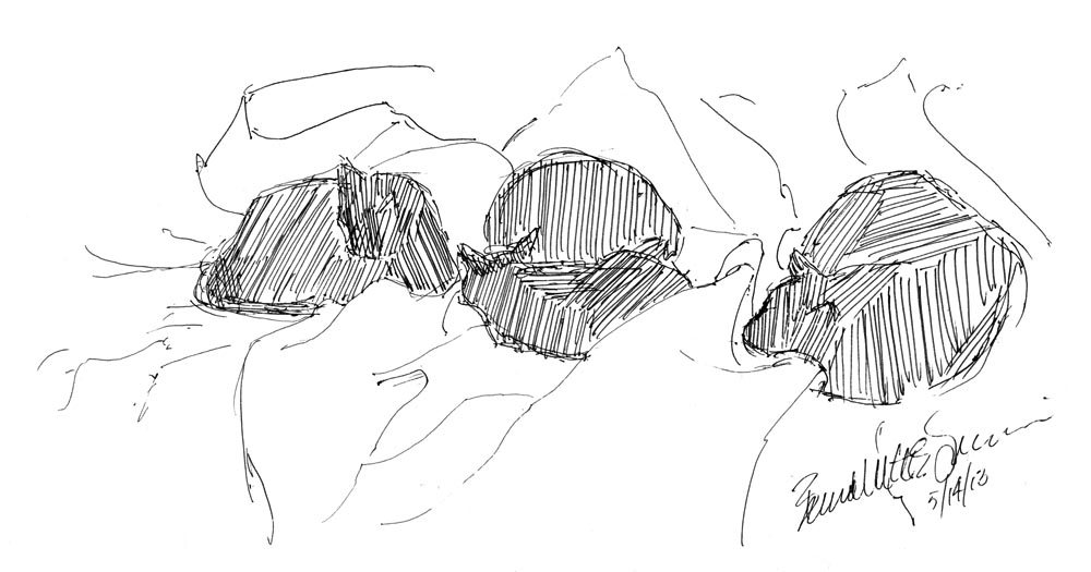 ink sketch of four cats on bed