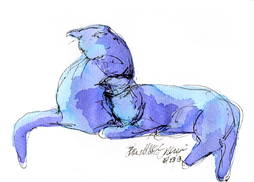 "Blue Purple Cats", ink and watercolor, 5" x 7" © Bernadette E. Kazmarski