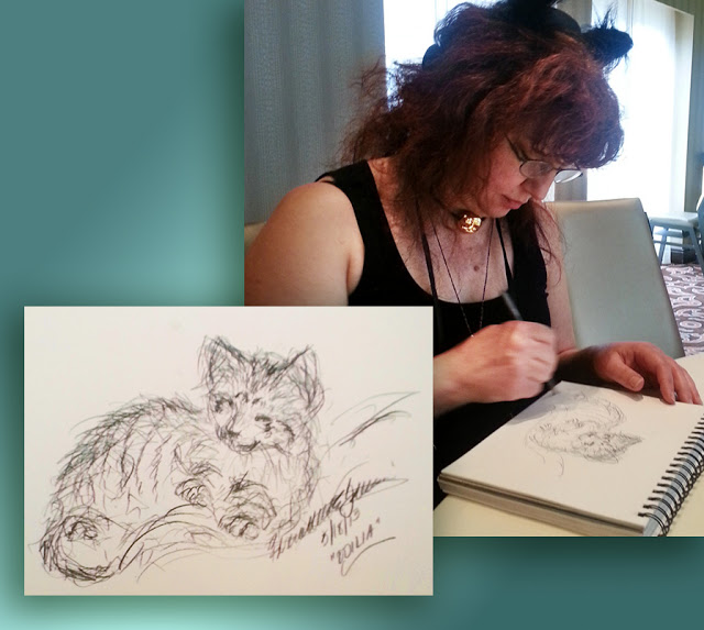 person sketching and pencil sketch of cat.
