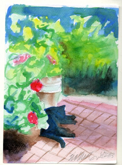 watercolor of cat in garden