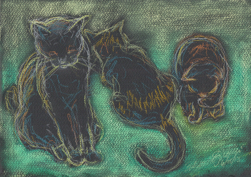 pastel sektch of three cats