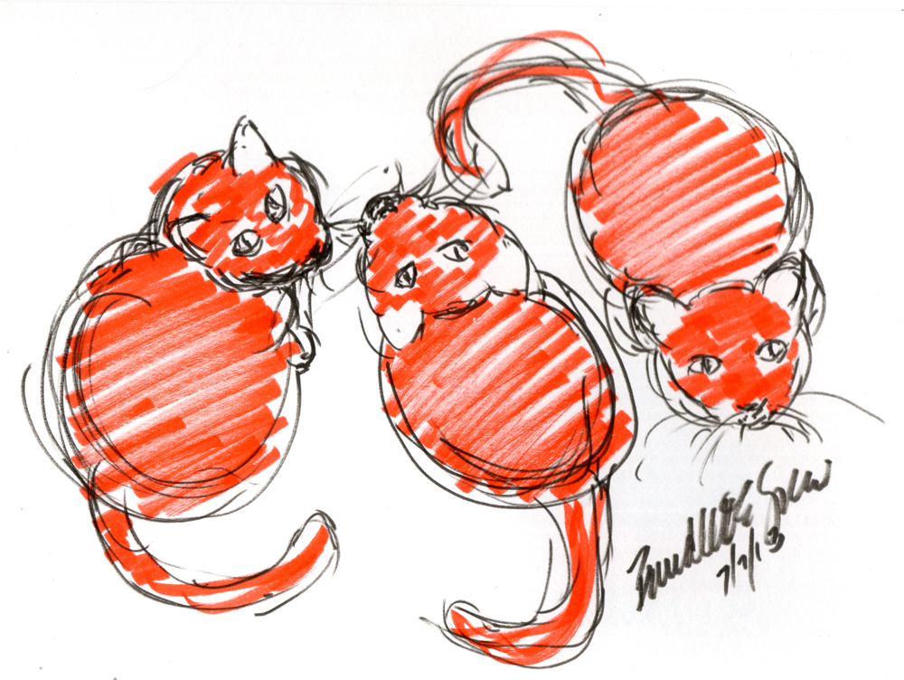  "Three Orange Cats Waiting for Dinner" (accurate color), brush markers, 8.5" x 7" © Bernadette E. Kazmarski