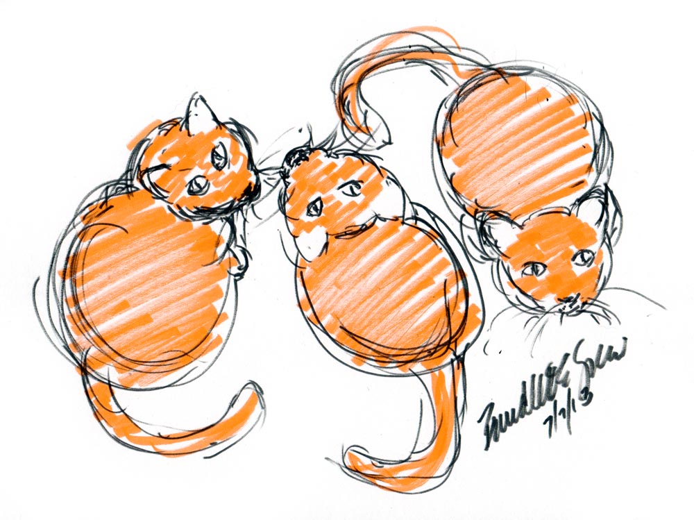 "Three Orange Cats Waiting for Dinner", brush markers, 8.5" x 7" © Bernadette E. Kazmarski