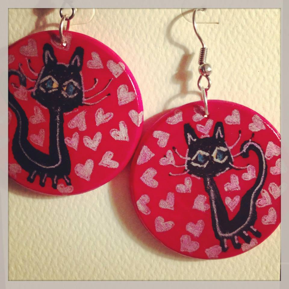 black cat collection designed specifically for this auction, Materials-Wood w acrylic and ink ... size 1-1/2 in circle, value $35.00 pr pair, FREE SHIPPING (other styles and colors available