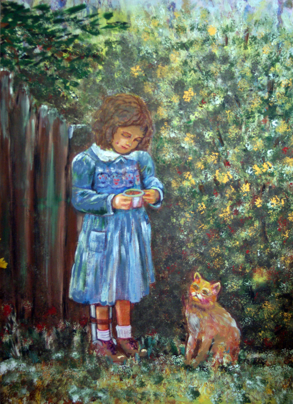 painting of girl with brace on leg with orange cat