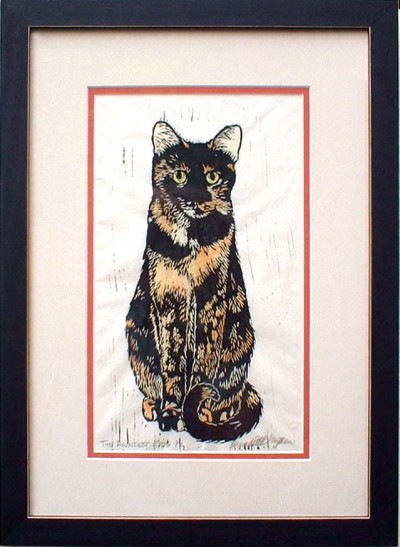 "The Roundest Eyes," matted and framed hand-tinted linoleum block print.