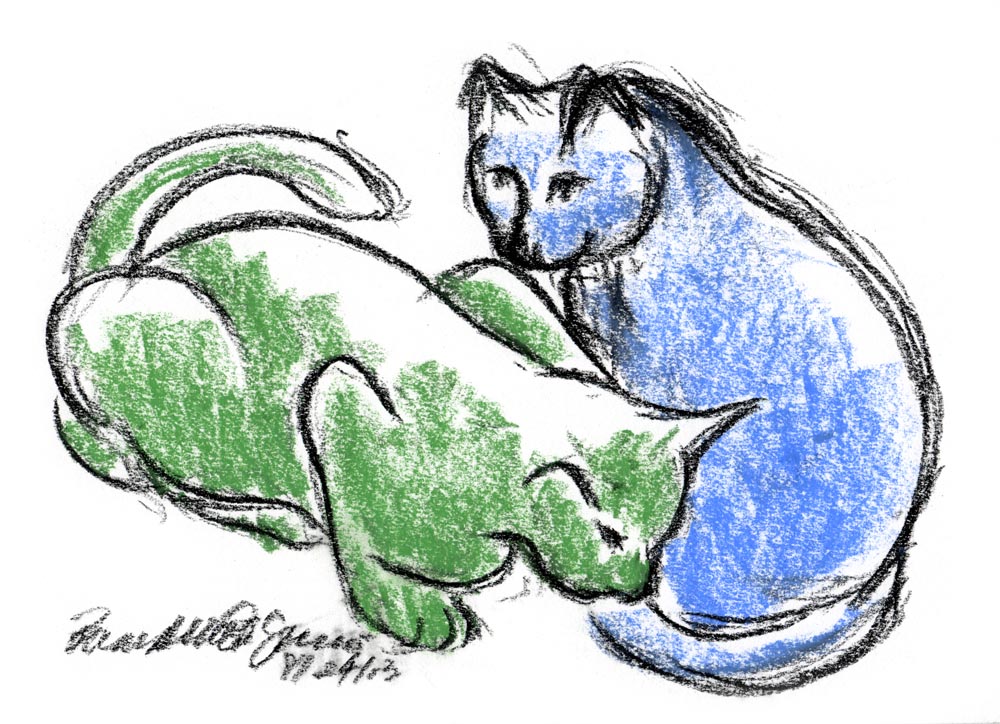 "Green Cat, Blue Cat", pastel on multimedia paper, 8.5" x 6" • Bernadette E. Kazmarski