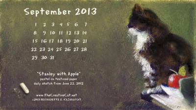 pastel sketch of cat with desktop calendar and chalk