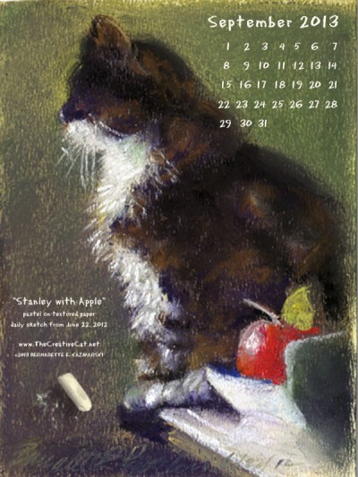 pastel sketch of cat with chalk desktop calendar