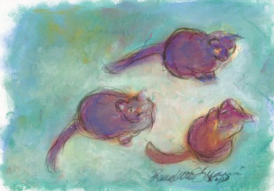 pastel sketch of three cats