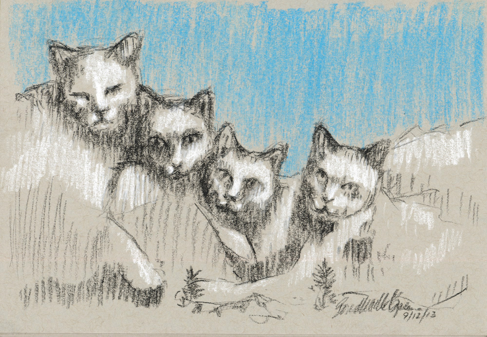 charcoal sketch of four cats looking like Mt. Rushmore