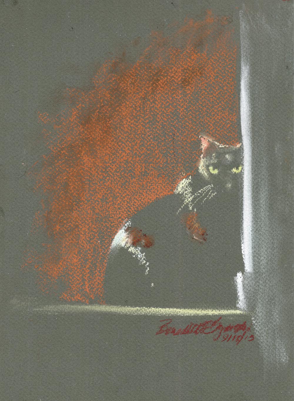 pastel sketch of cat on dark paper