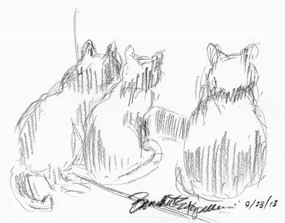 charcoal sketch of three cats