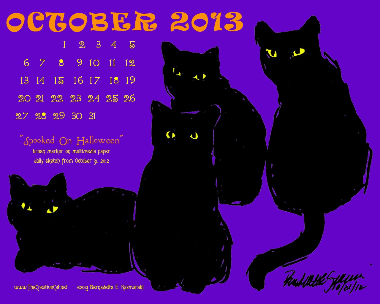 "Spooked on Halloween" desktop calendar for square monitors.