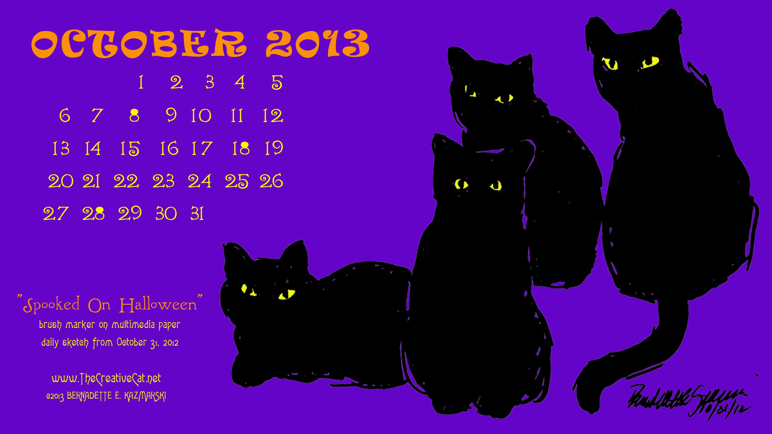 "Spooked on Halloween" desktop calendar for wide and HD monitors.