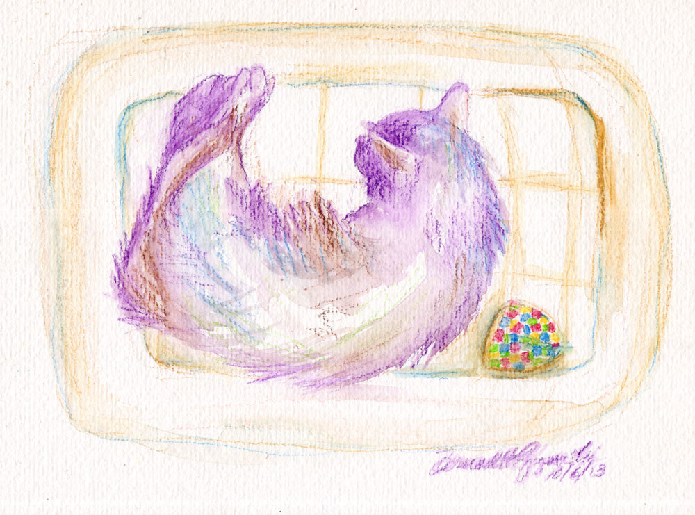 watercolor of cat in cat bed
