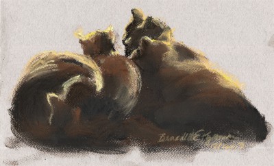 pastel drawing of four black cats