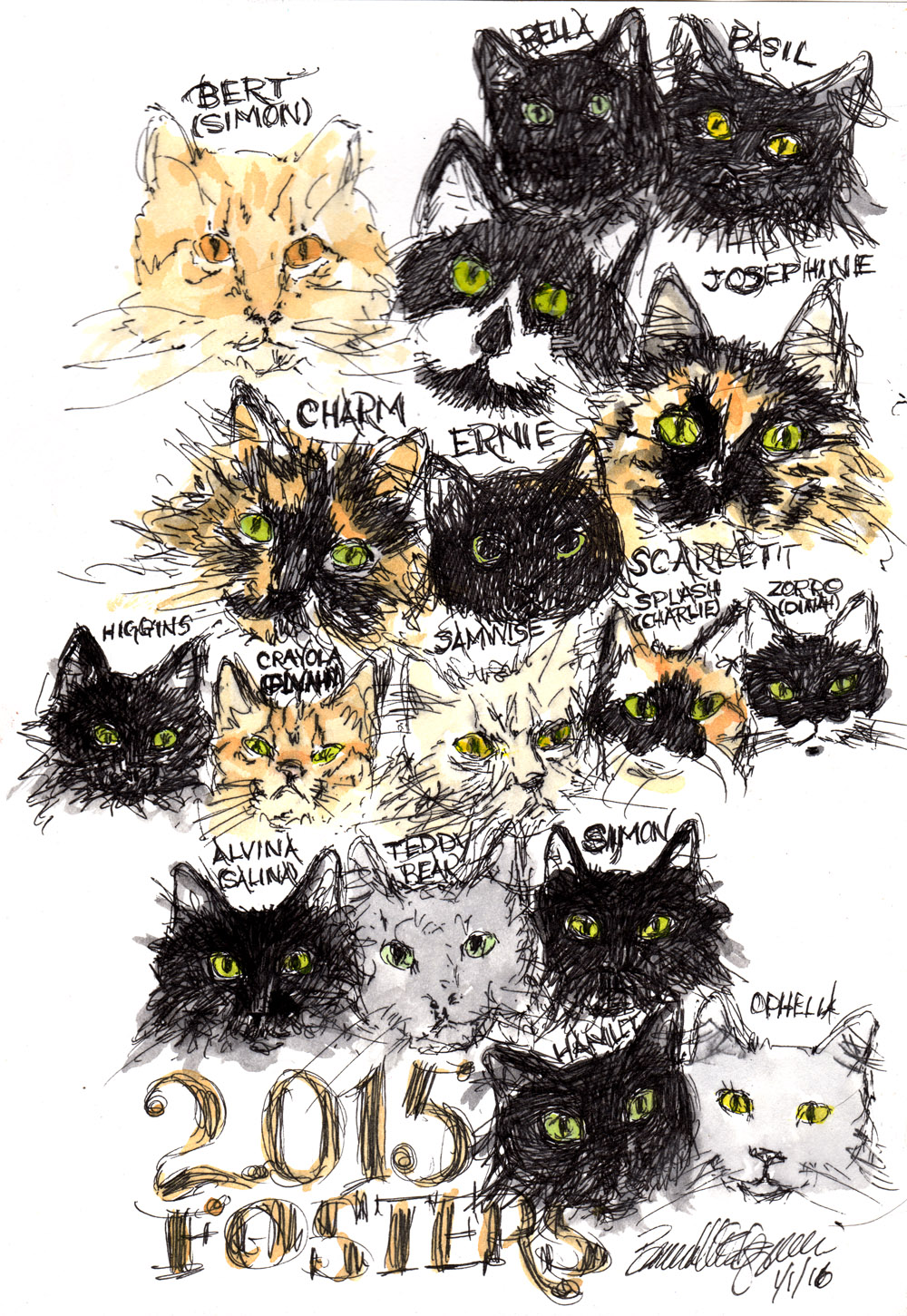 "2015 Foster Cats and Kittens", ink and watercolor, 9.6" x 6.5" © Bernadette E. Kazmarski