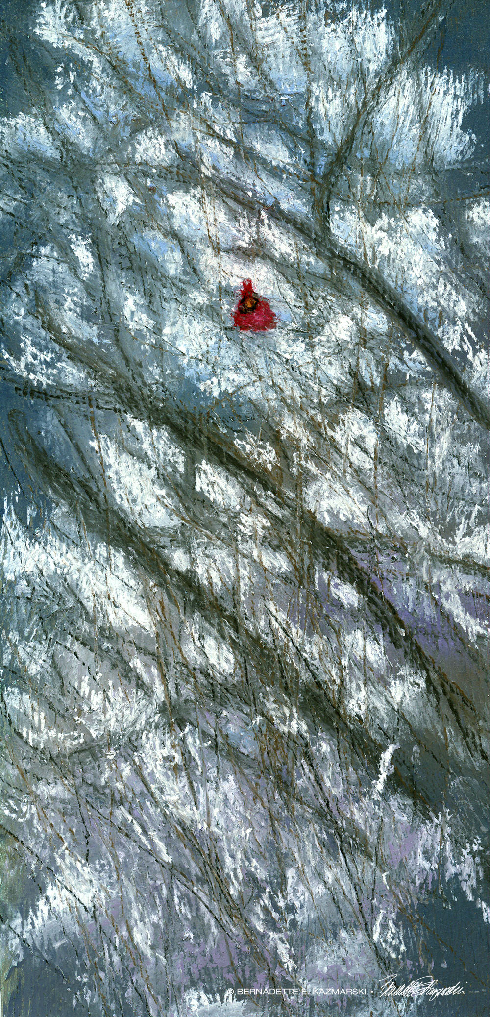 pastel painting of cardinal in snow