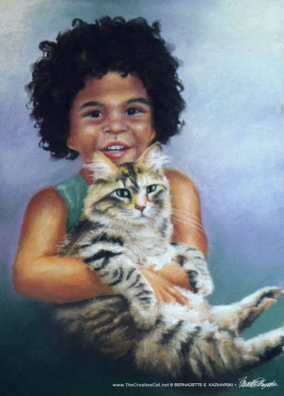 Pastel portrait of young girl and cat