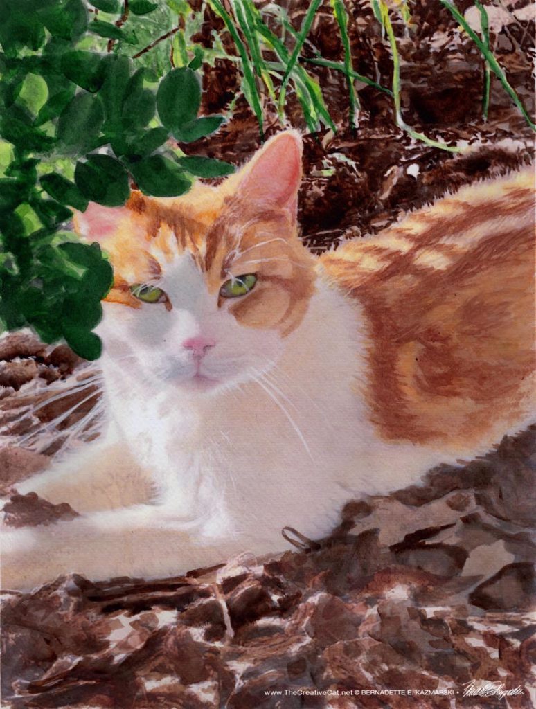 painting of ginger and white community cat