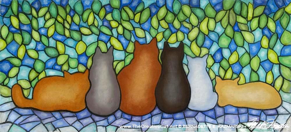 "Stained Glass Feline Family", pastel, 12" x 28", Bernadette E. Kazmarski