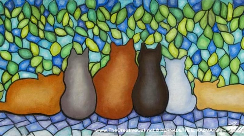 "Stained Glass Feline Family", pastel, 12" x 28", Bernadette E. Kazmarski