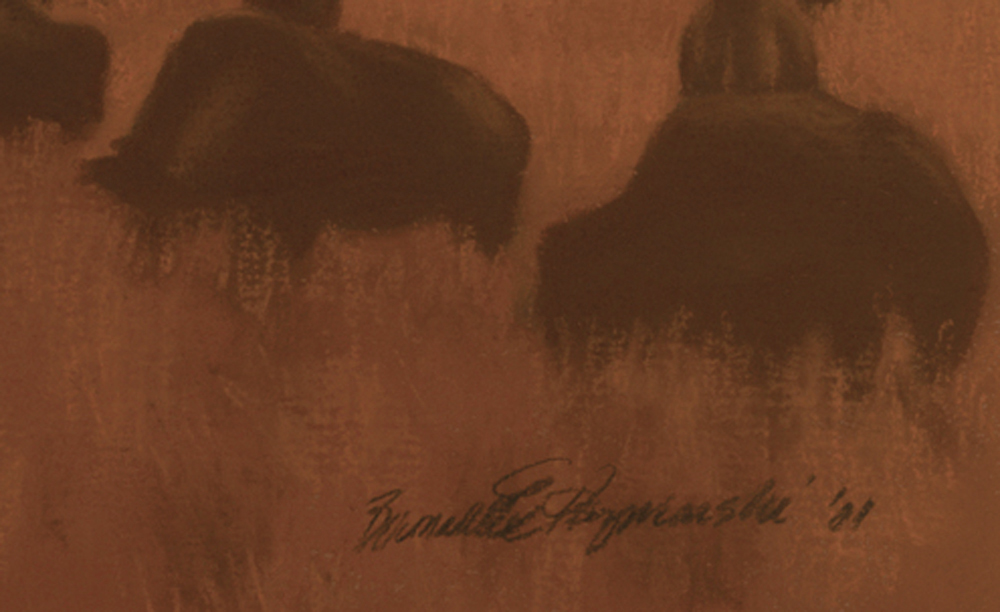 detail of painting of bison grazing in sunset prairie