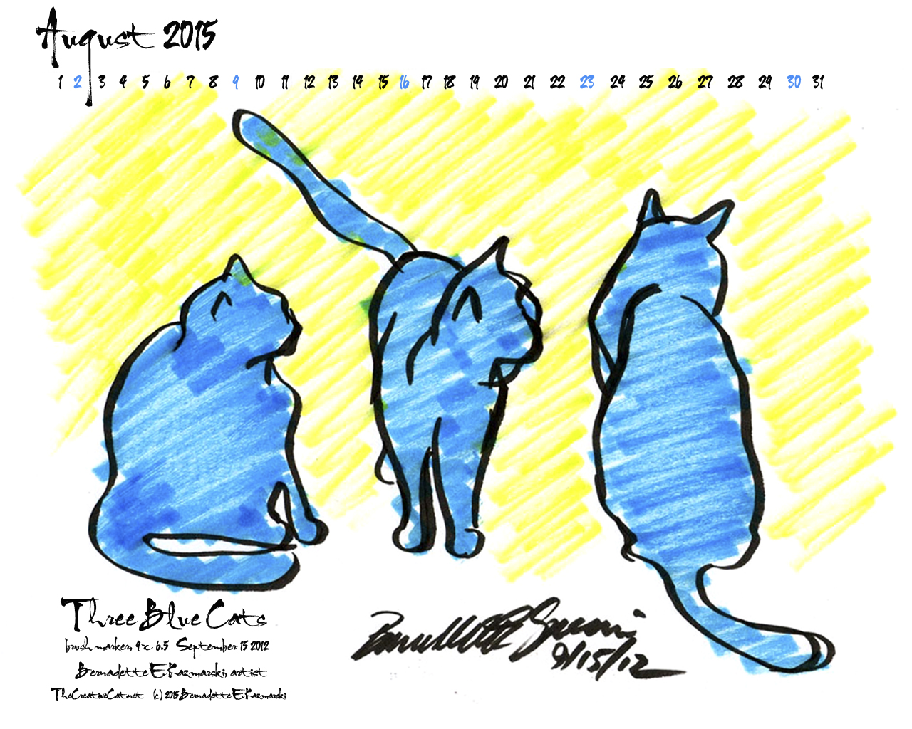 "Three Blue Cats" desktop calendar, 1280 x 1024 for square and laptop monitors.