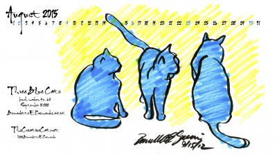 "Three Blue Cats" desktop calendar 2560 x 1440 for HD and wide screens.