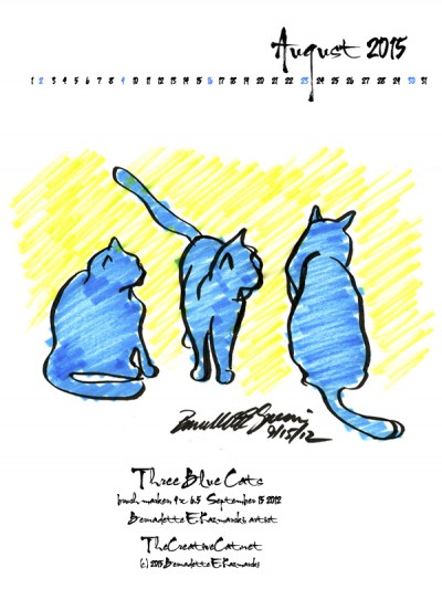 "Three Blue Cats" desktop calendar, for 600 x 800 for iPad, Kindle and other readers.