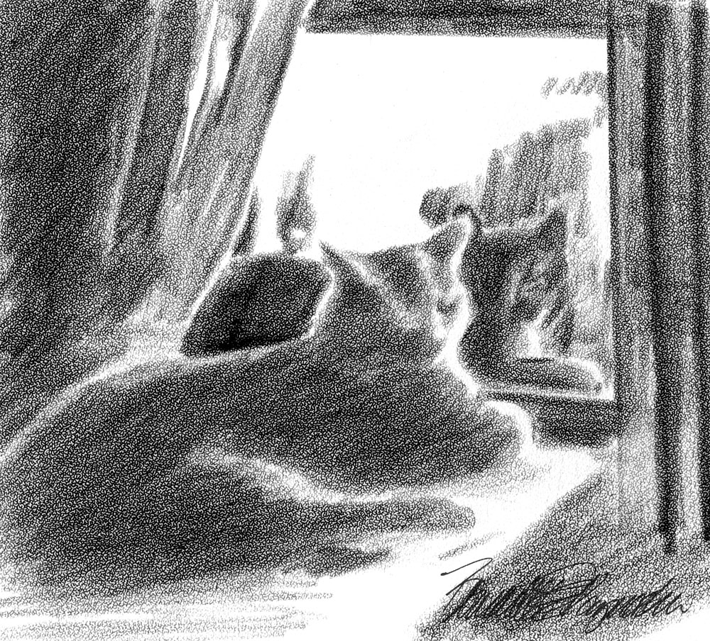 sketch of two cats at window