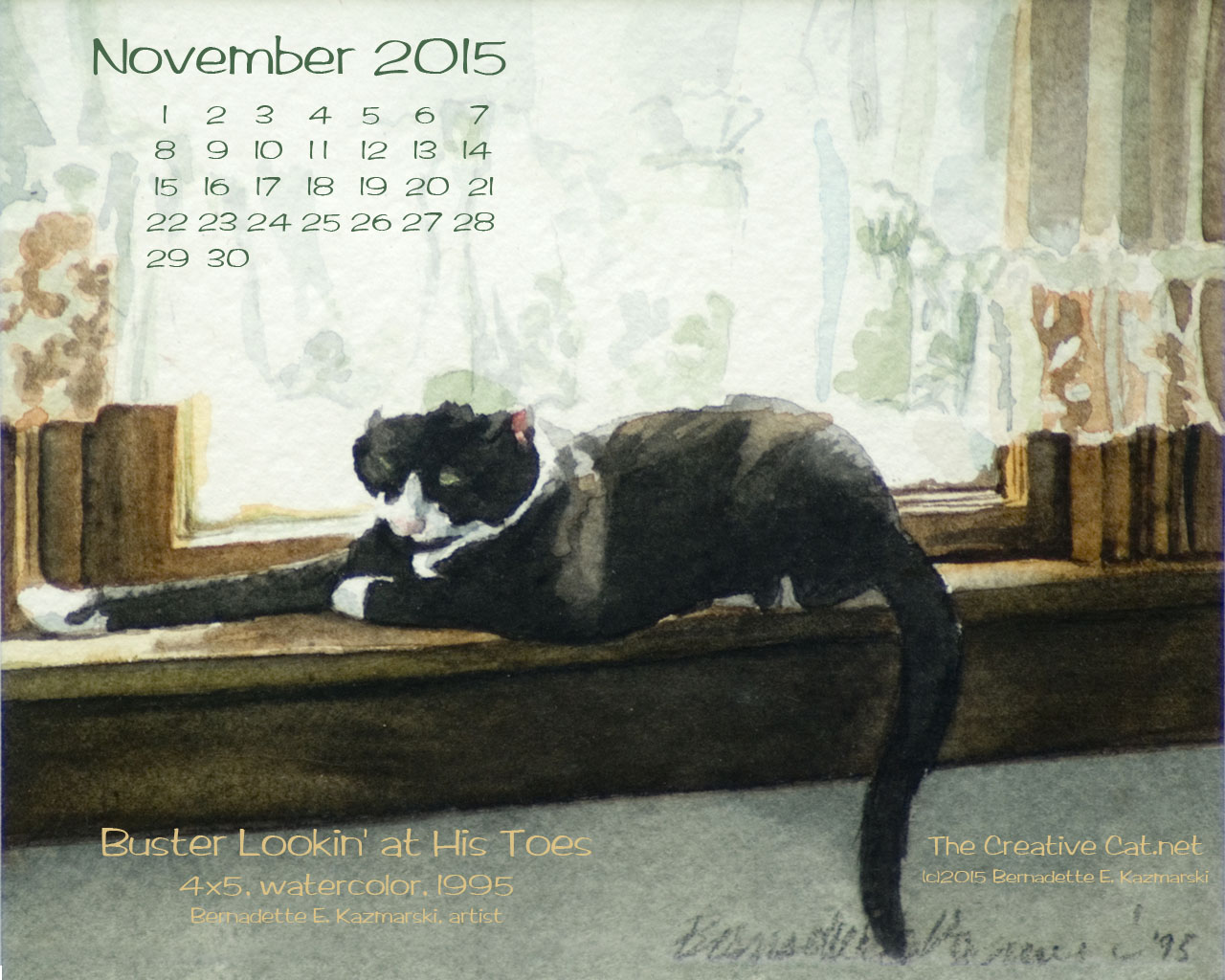 "Buster Lookin' at His Toes" desktop calendar, 1280 x 1024 for square and laptop monitors.