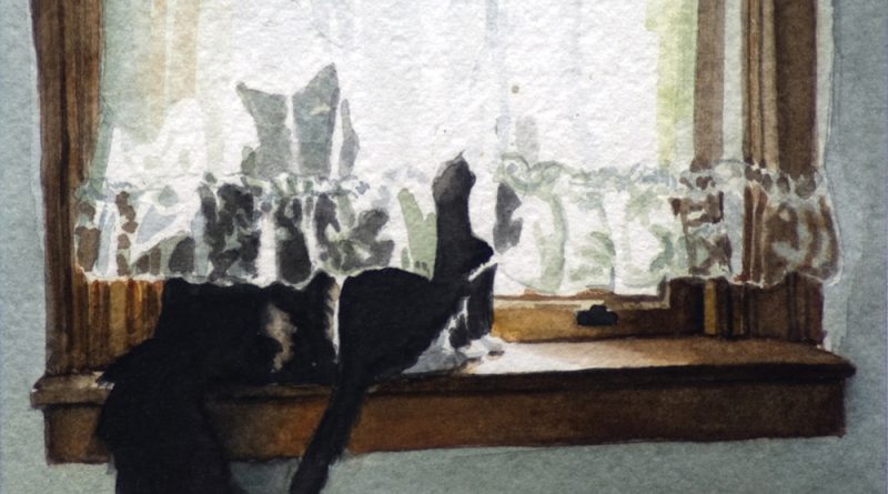 "Kitty and Buster", watercolor, 4" x 5", 1995 © Bernadette E. Kazmarski