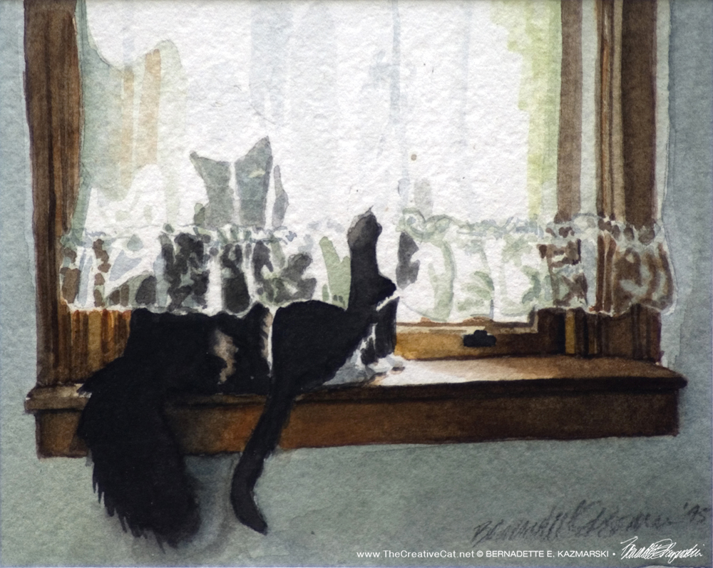 "Kitty and Buster", watercolor, 4" x 5", 1995 © Bernadette E. Kazmarski