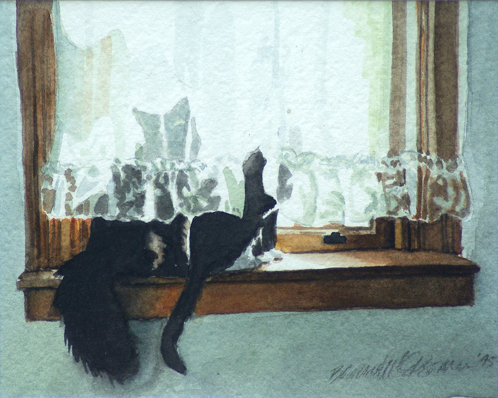 painting of two cats on windowsill