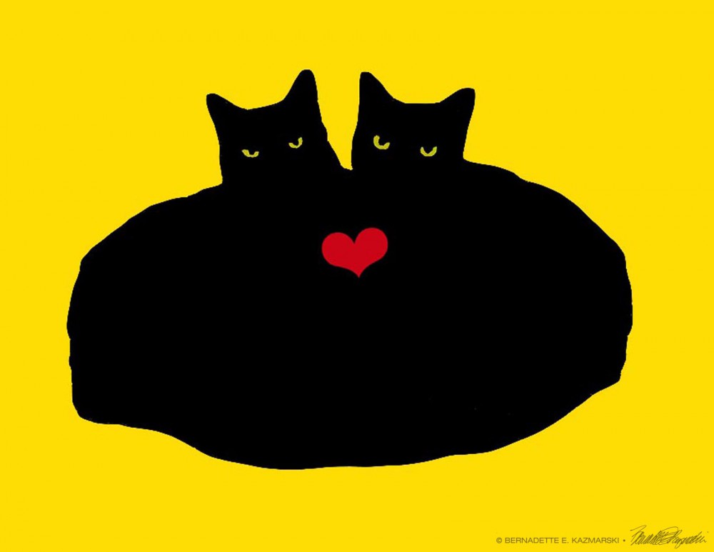 valentine illustration with two black cats hugging with heart
